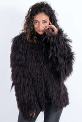 Exklusiver Damenmantel Alina aus mongolischem Lammfell, dunkelbraun