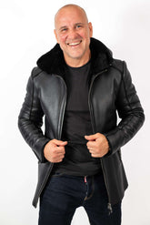 Men's leather coat Antoan with hood Black