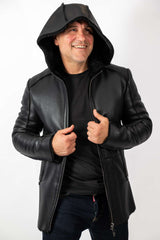 Men's leather coat Antoan with hood Black