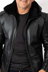Men's leather coat Antoan with hood Black