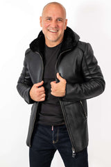 Men's leather coat Antoan with hood Black