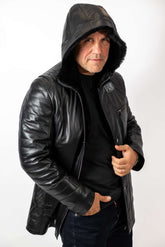 Men's leather coat Boris with hood Black