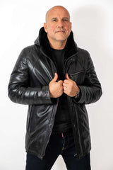 Men's leather coat Boris with hood Black