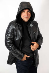 Men's leather coat Boris with hood Black