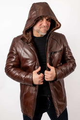 Men's leather coat Boris with hood Brown