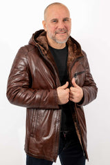 Men's leather coat Boris with hood Brown