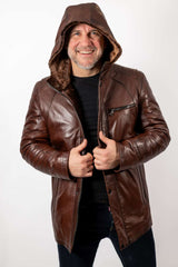 Men's leather coat Boris with hood Brown
