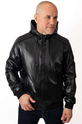 Men's Leather Bomber Jacket Boris with Hood Black