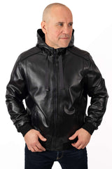 Men's Leather Bomber Jacket Boris with Hood Black