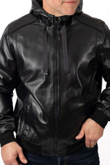 Men's Leather Bomber Jacket Boris with Hood Black