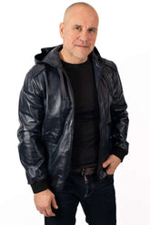 Men's Leather Bomber Jacket Boris with Hood Blue