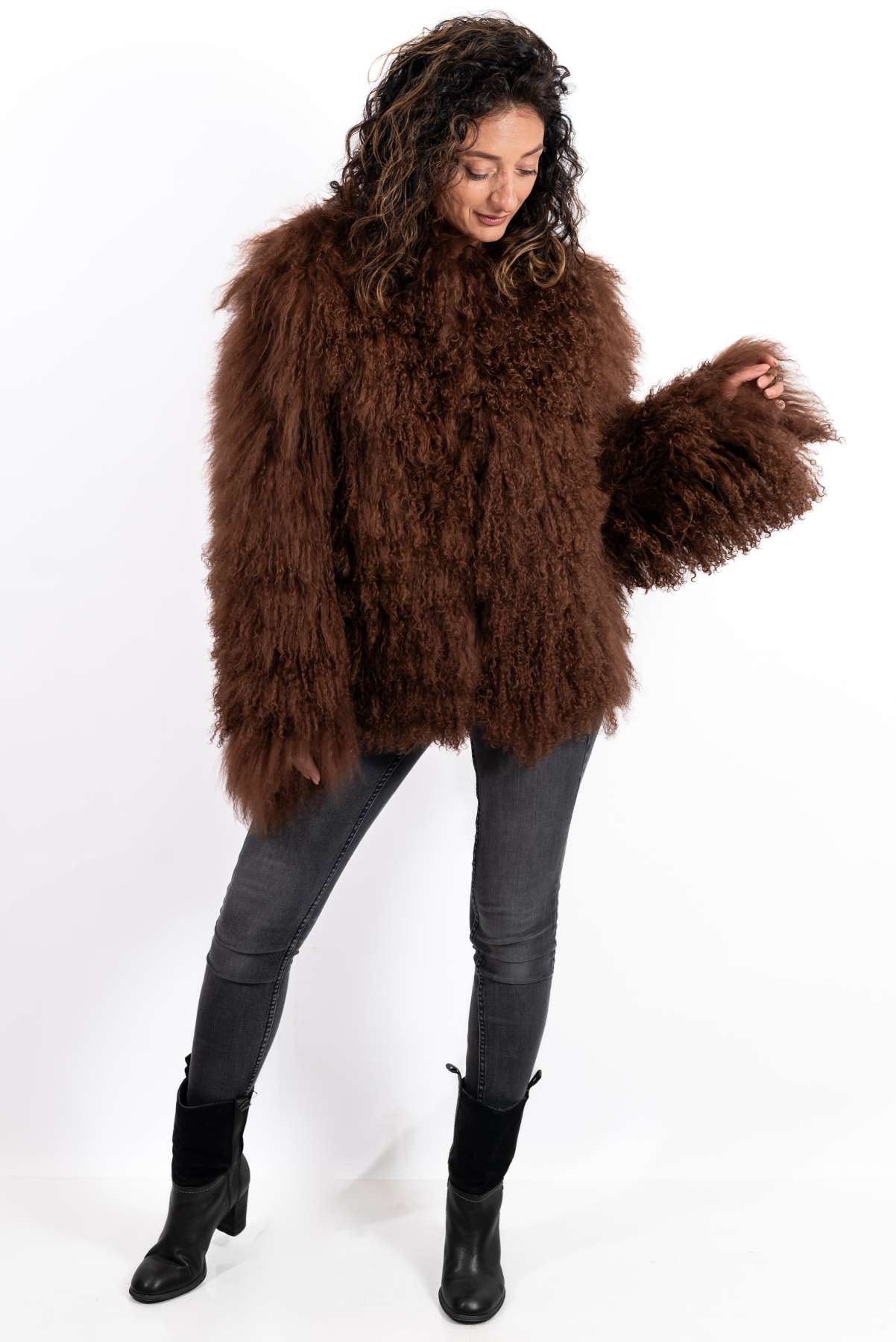 Women's exclusive coat Alina from Mongolian lamb Brown