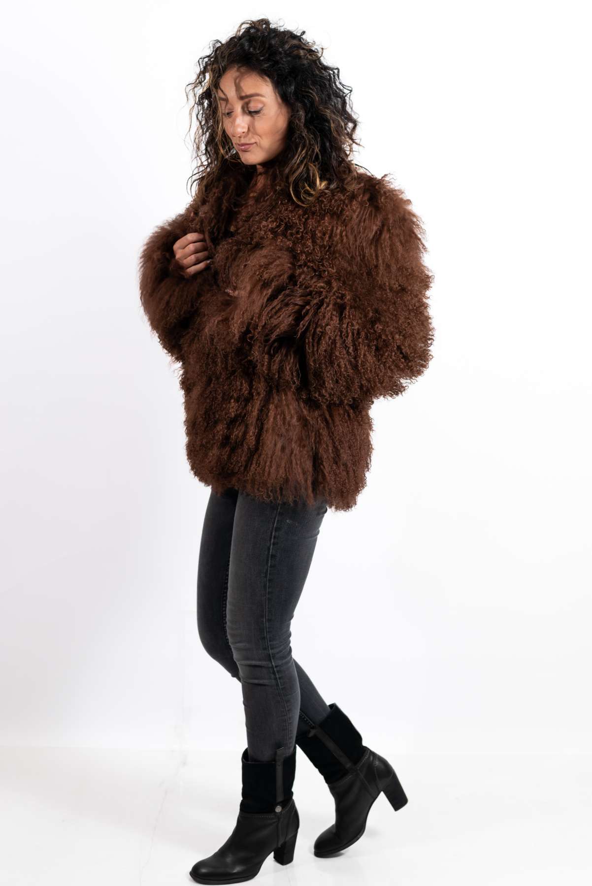 Women's exclusive coat Alina from Mongolian lamb Brown