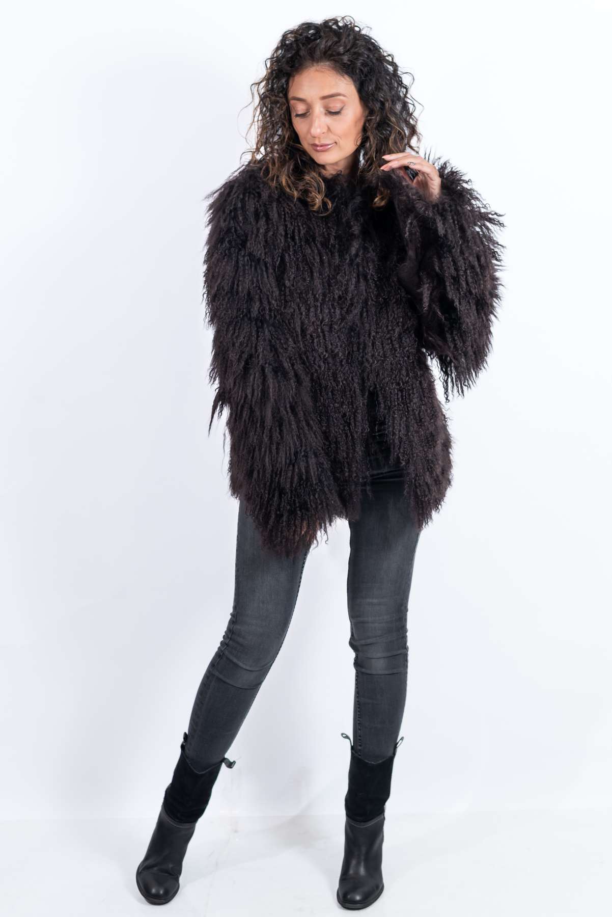 Women's exclusive coat Alina from Mongolian lamb Dark Brown