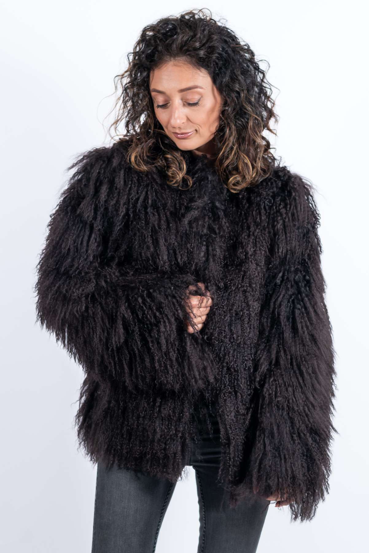 Women's exclusive coat Alina from Mongolian lamb Dark Brown