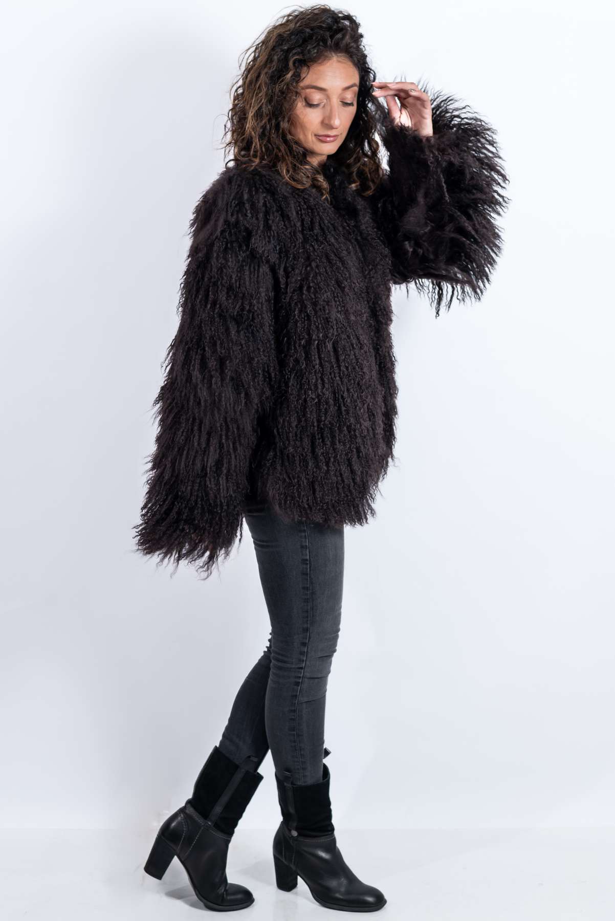 Women's exclusive coat Alina from Mongolian lamb Dark Brown