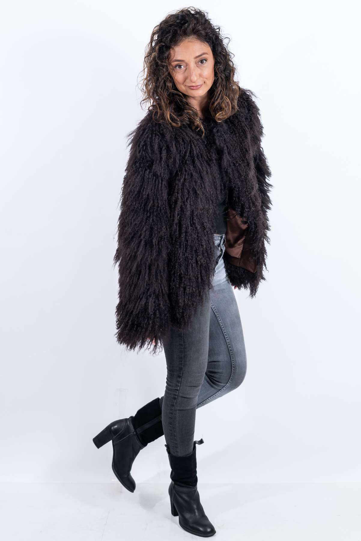 Women's exclusive coat Alina from Mongolian lamb Dark Brown