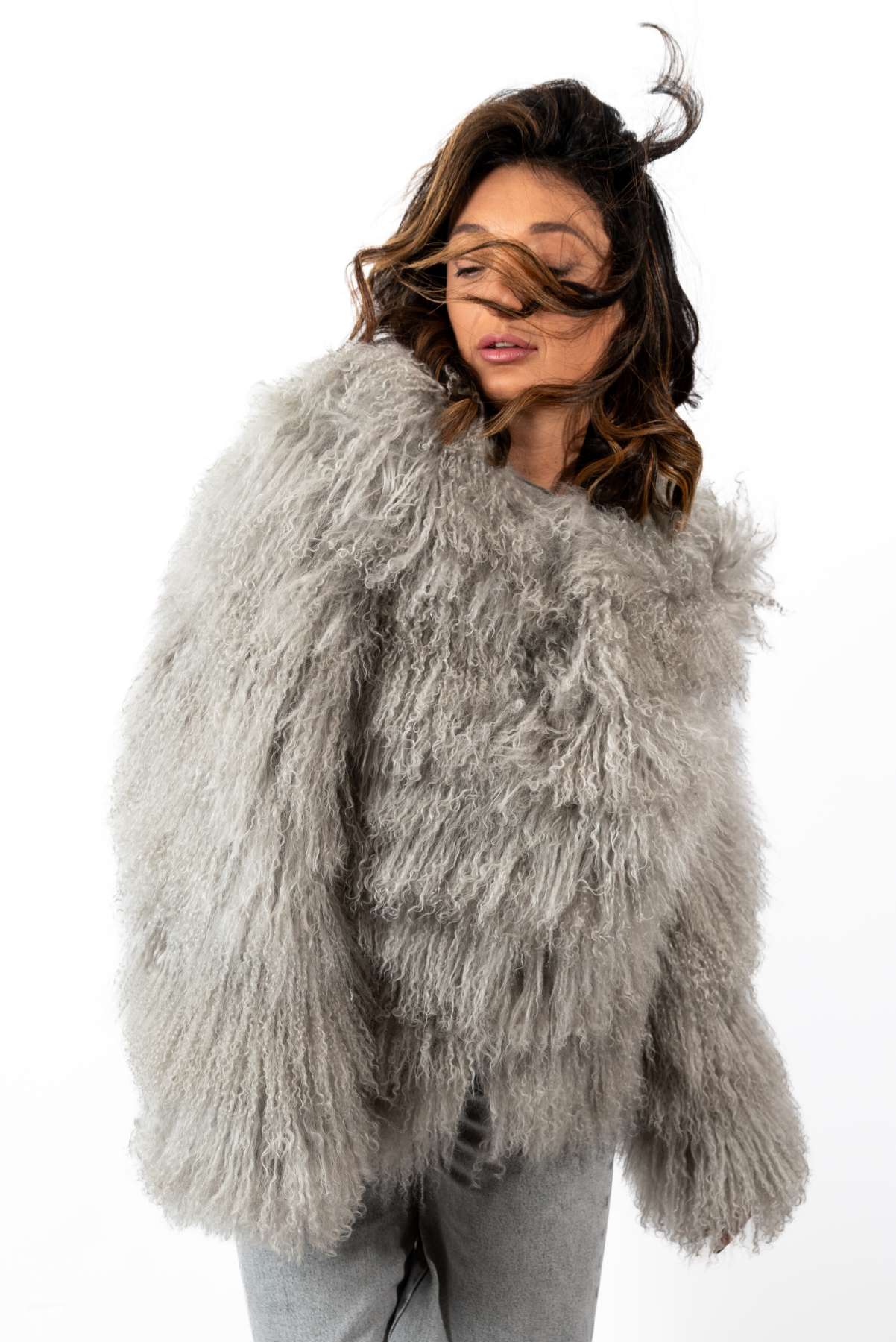 Women's exclusive coat Alina from Mongolian lamb Grey