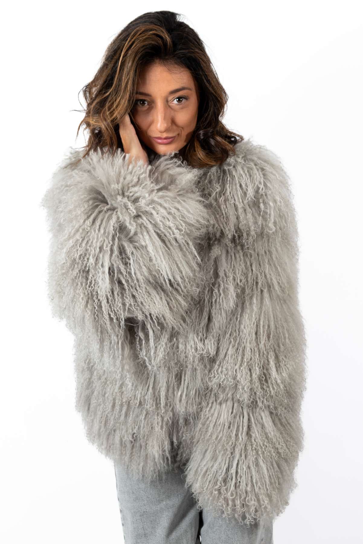 Women's exclusive coat Alina from Mongolian lamb Grey