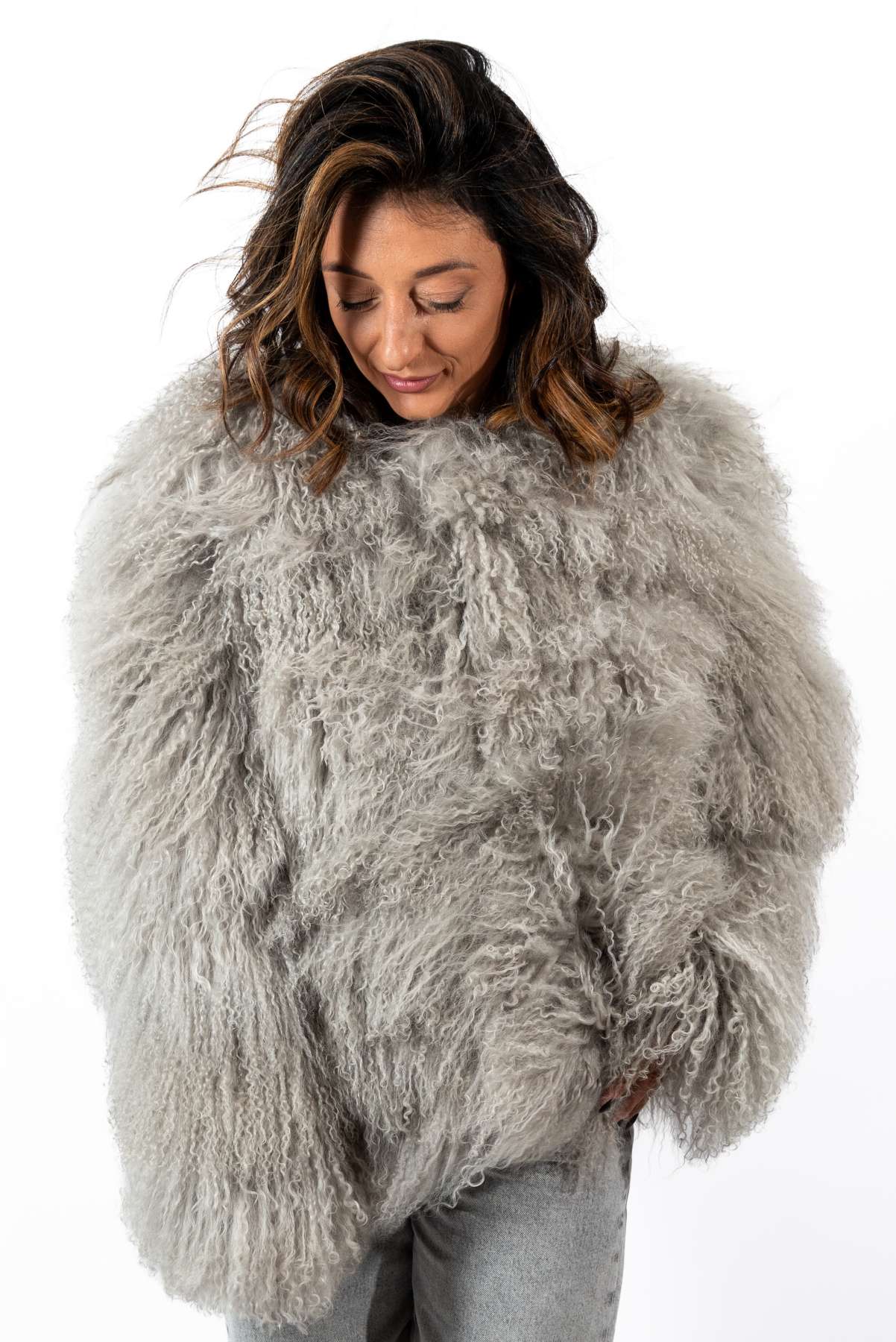 Women's exclusive coat Alina from Mongolian lamb Grey
