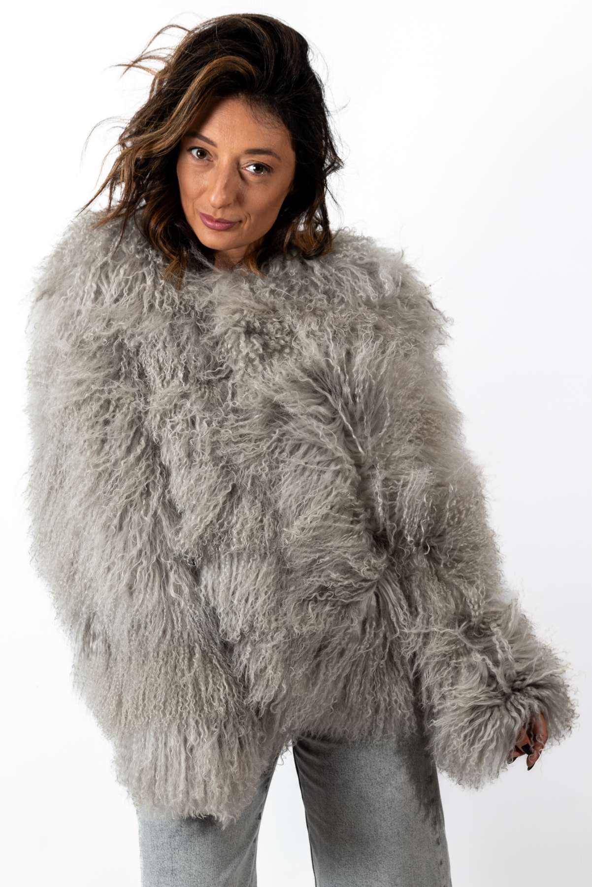 Women's exclusive coat Alina from Mongolian lamb Grey