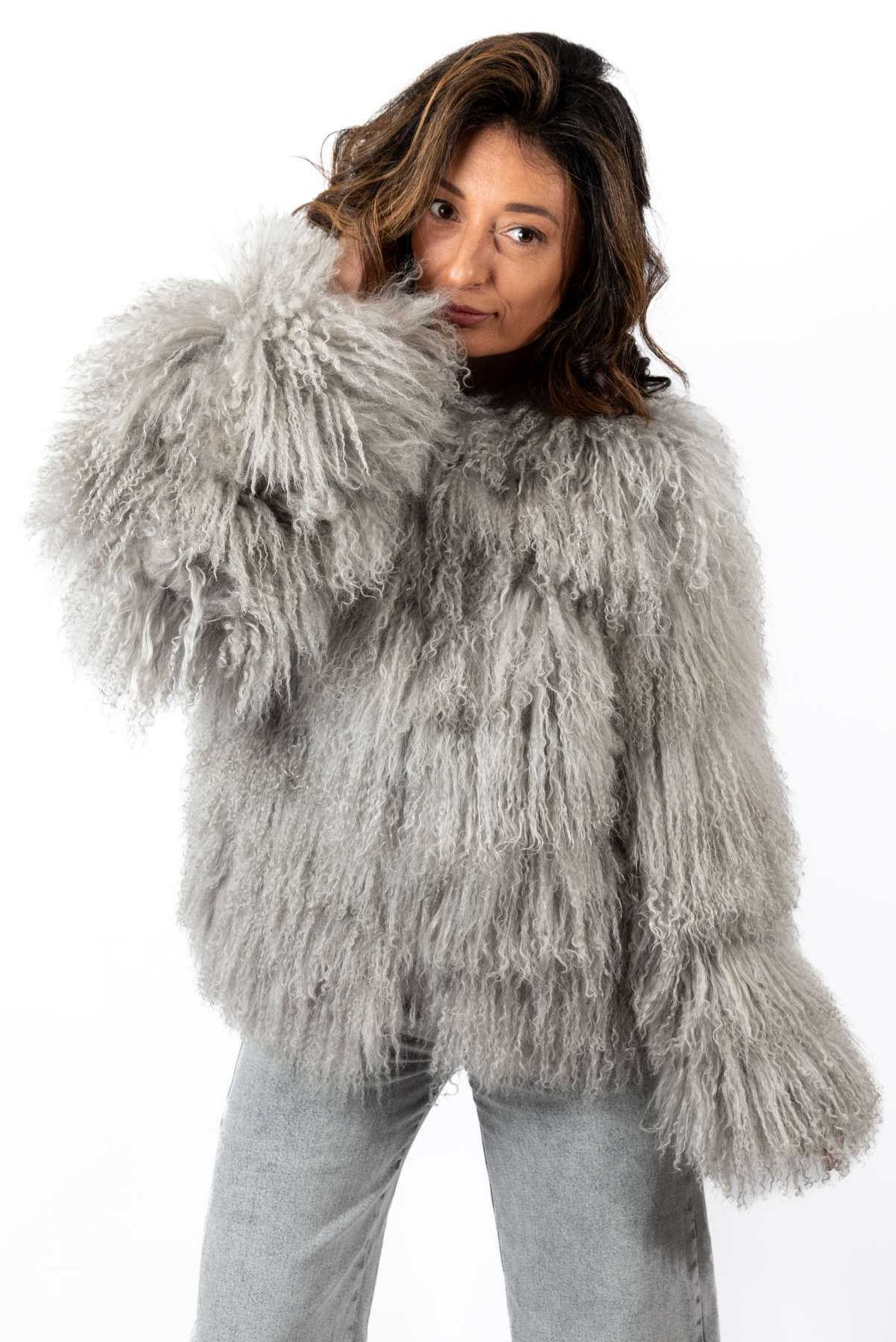 Women's exclusive coat Alina from Mongolian lamb Grey