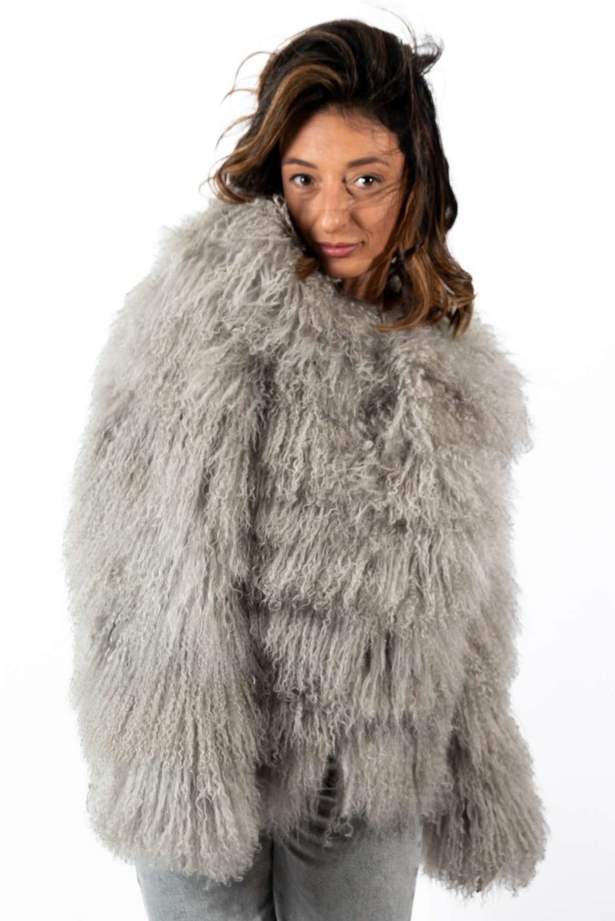 Women's exclusive coat Alina from Mongolian lamb Grey