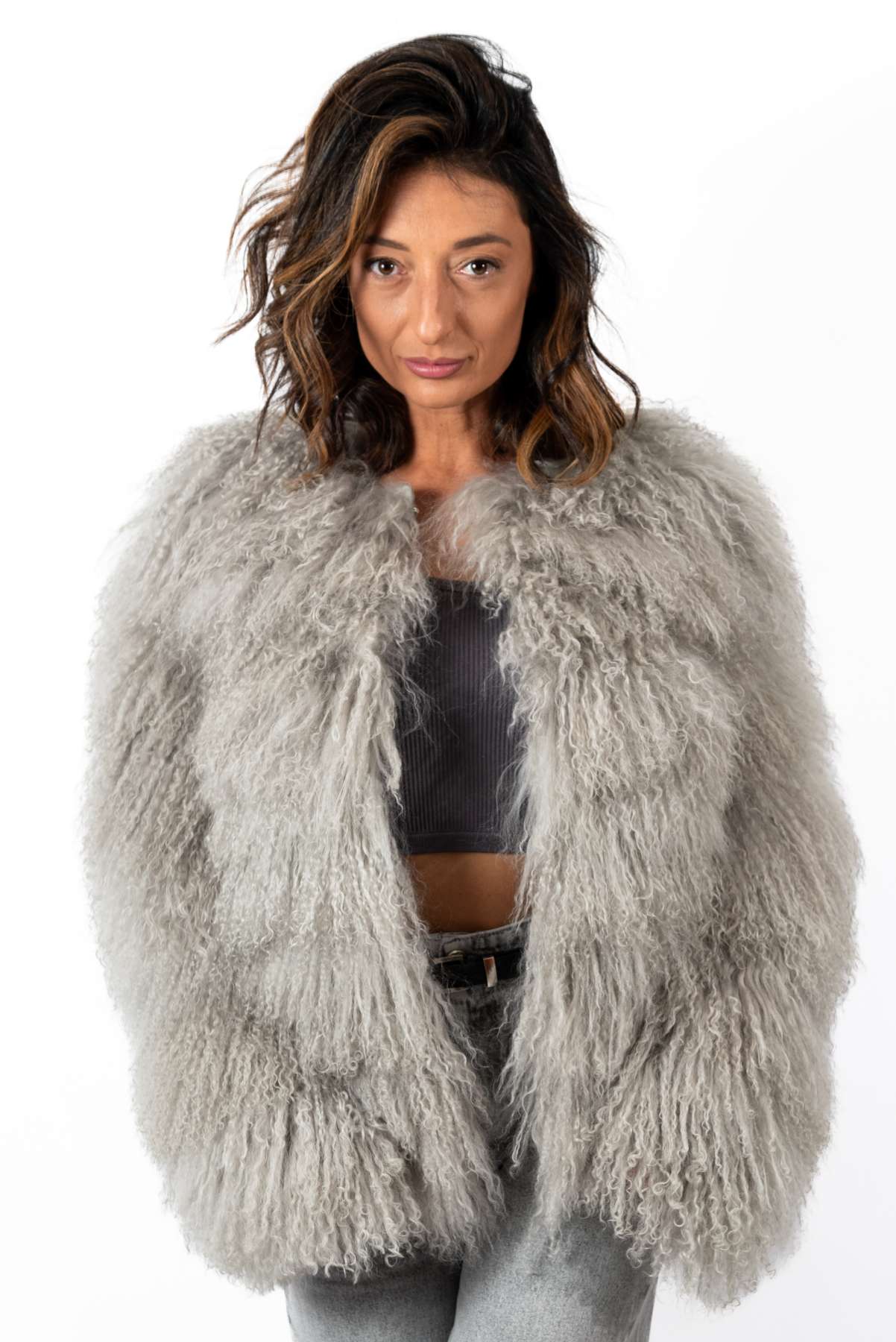Women's exclusive coat Alina from Mongolian lamb Grey