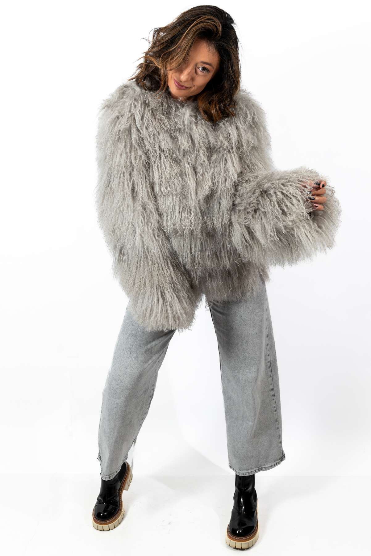 Women's exclusive coat Alina from Mongolian lamb Grey
