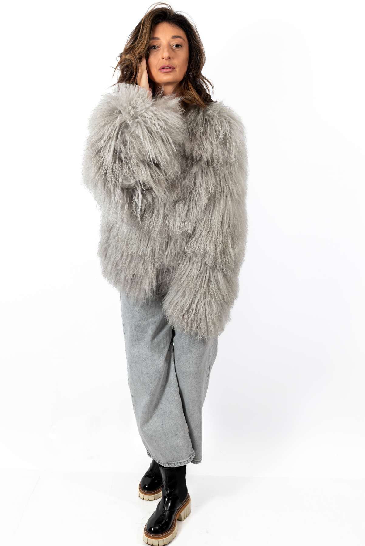 Women's exclusive coat Alina from Mongolian lamb Grey