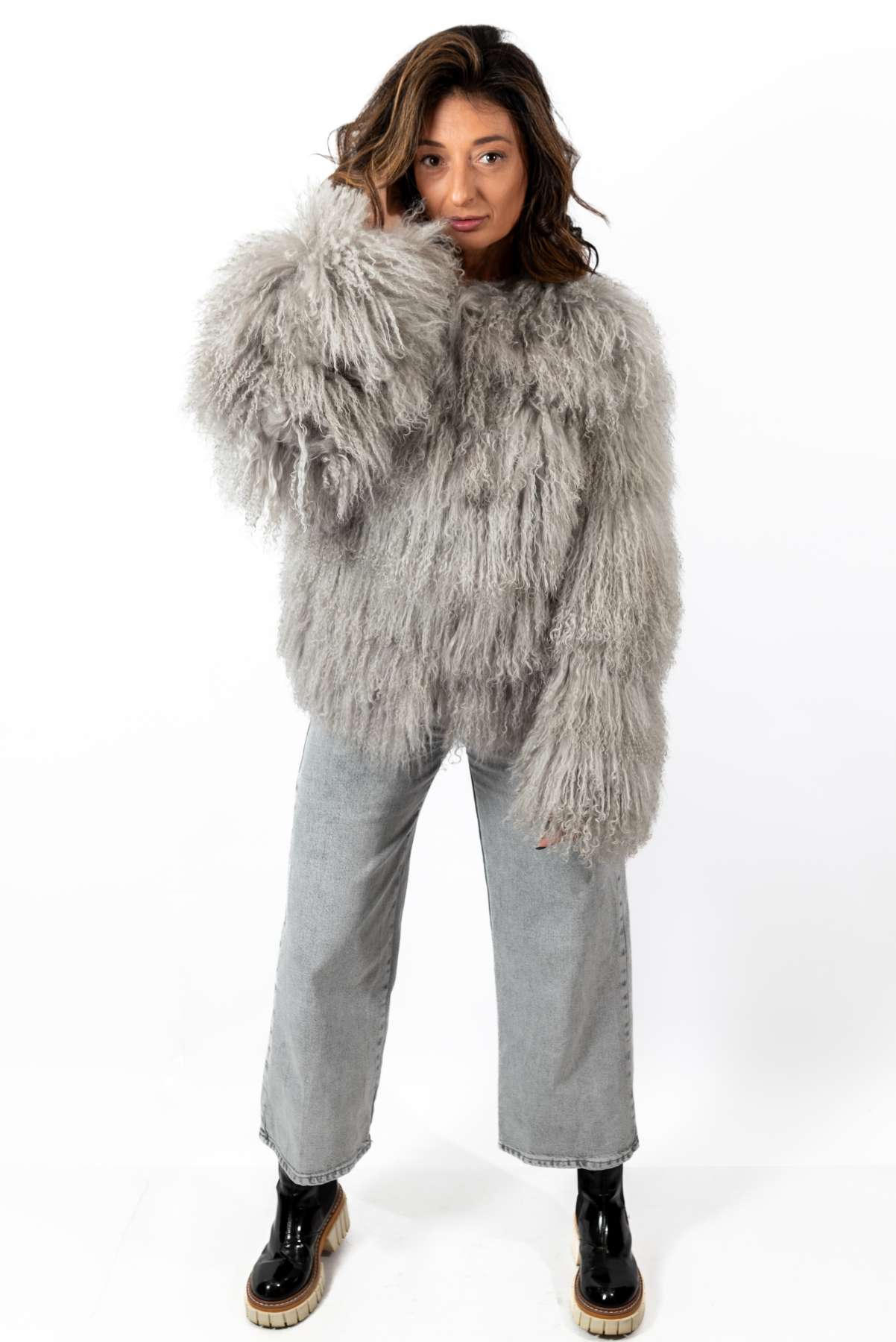 Women's exclusive coat Alina from Mongolian lamb Grey