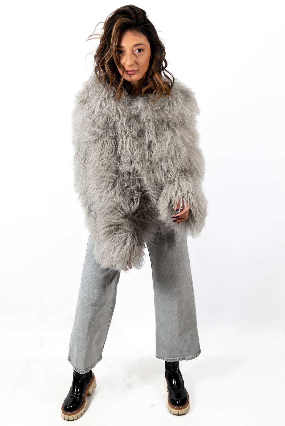 Women's exclusive coat Alina from Mongolian lamb Grey