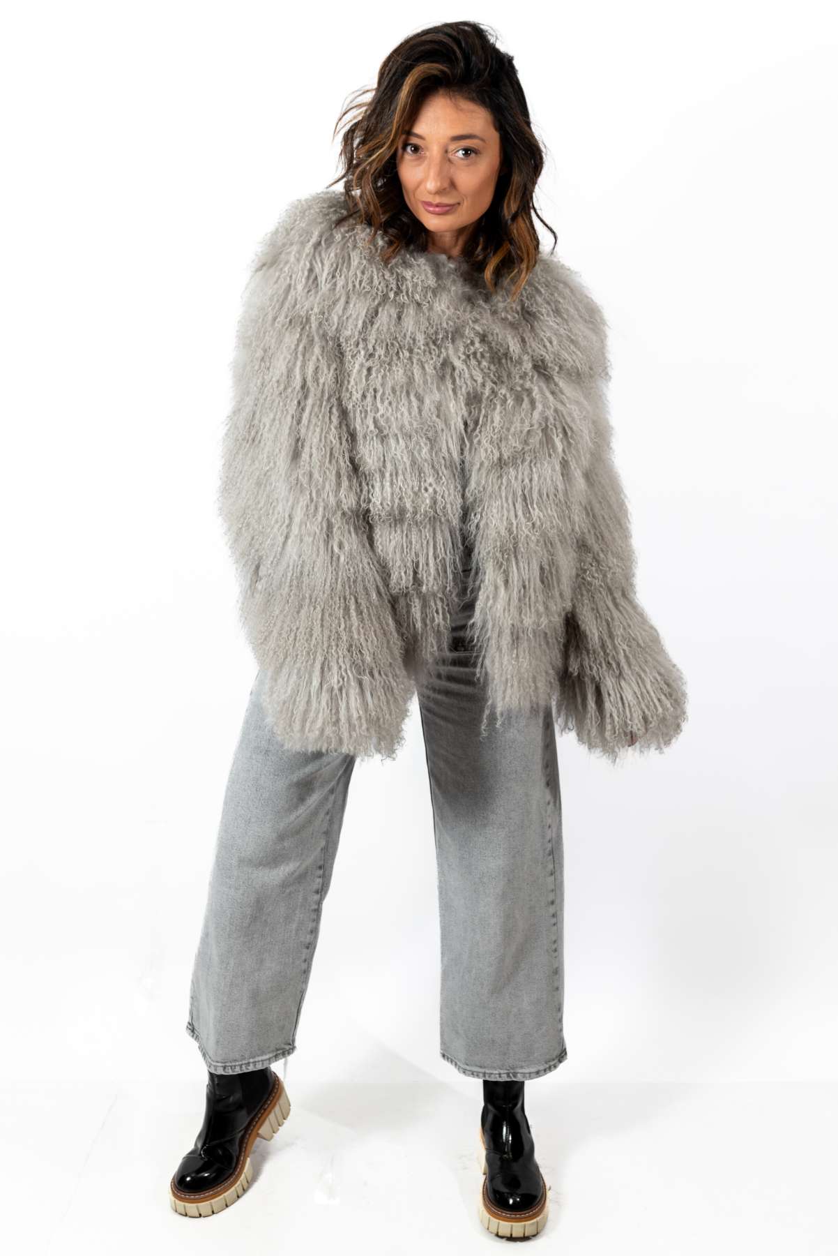 Women's exclusive coat Alina from Mongolian lamb Grey