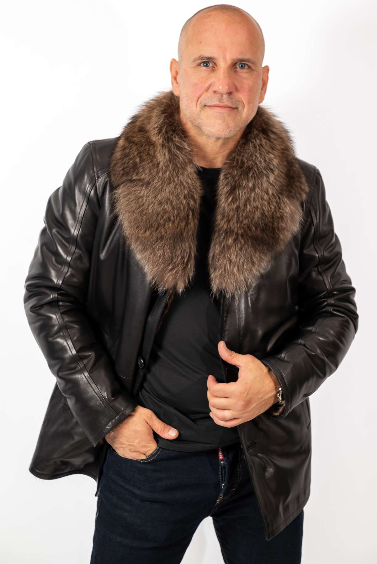 Men's Coat Douglas Black with Wolf collar