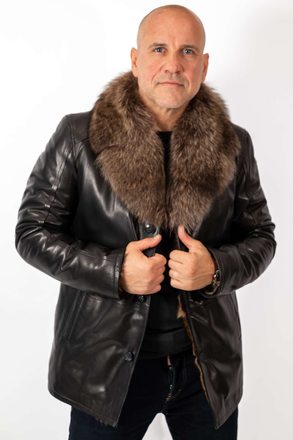 Men's Coat Douglas Black with Wolf collar