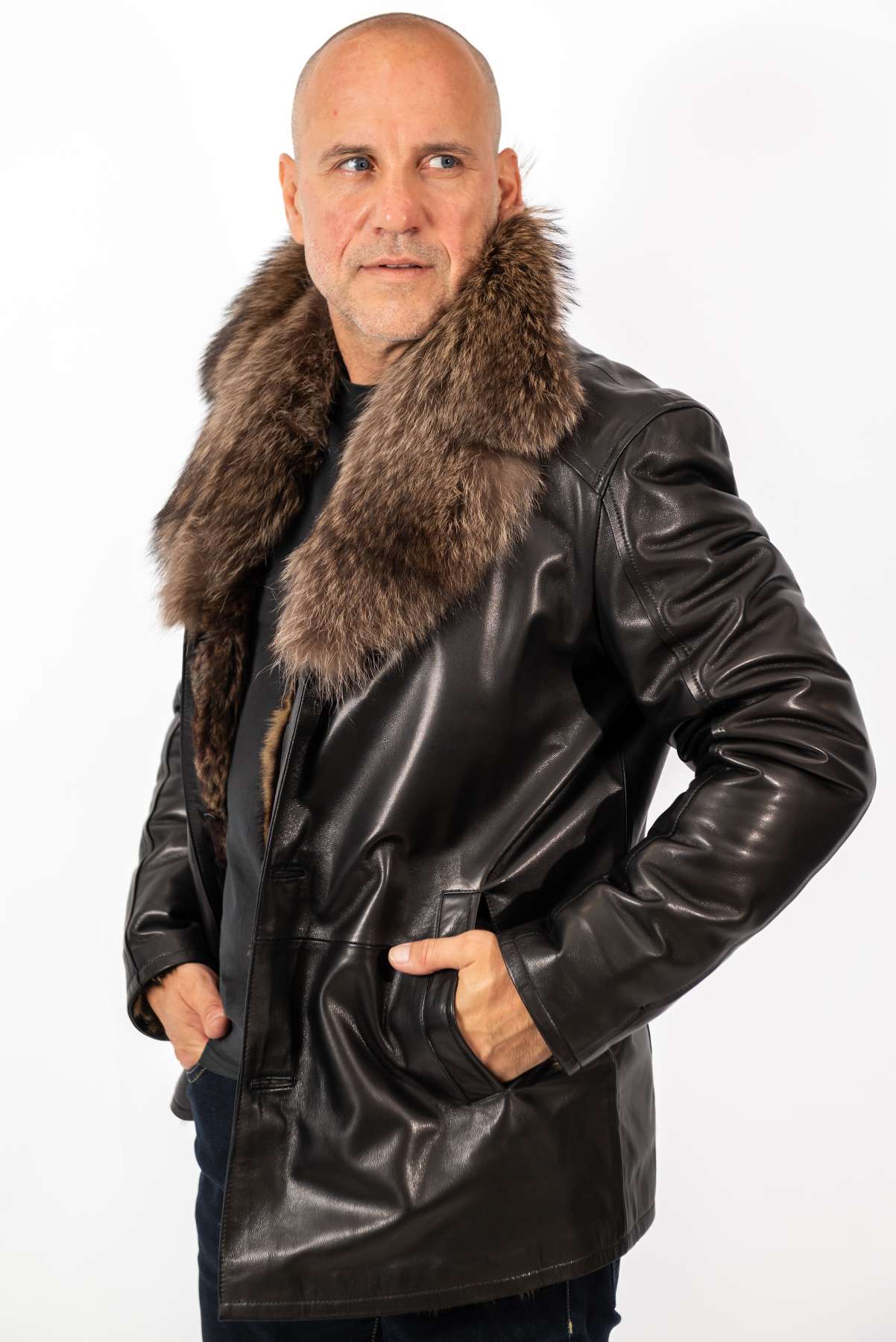 Men's Coat Douglas Black with Wolf collar