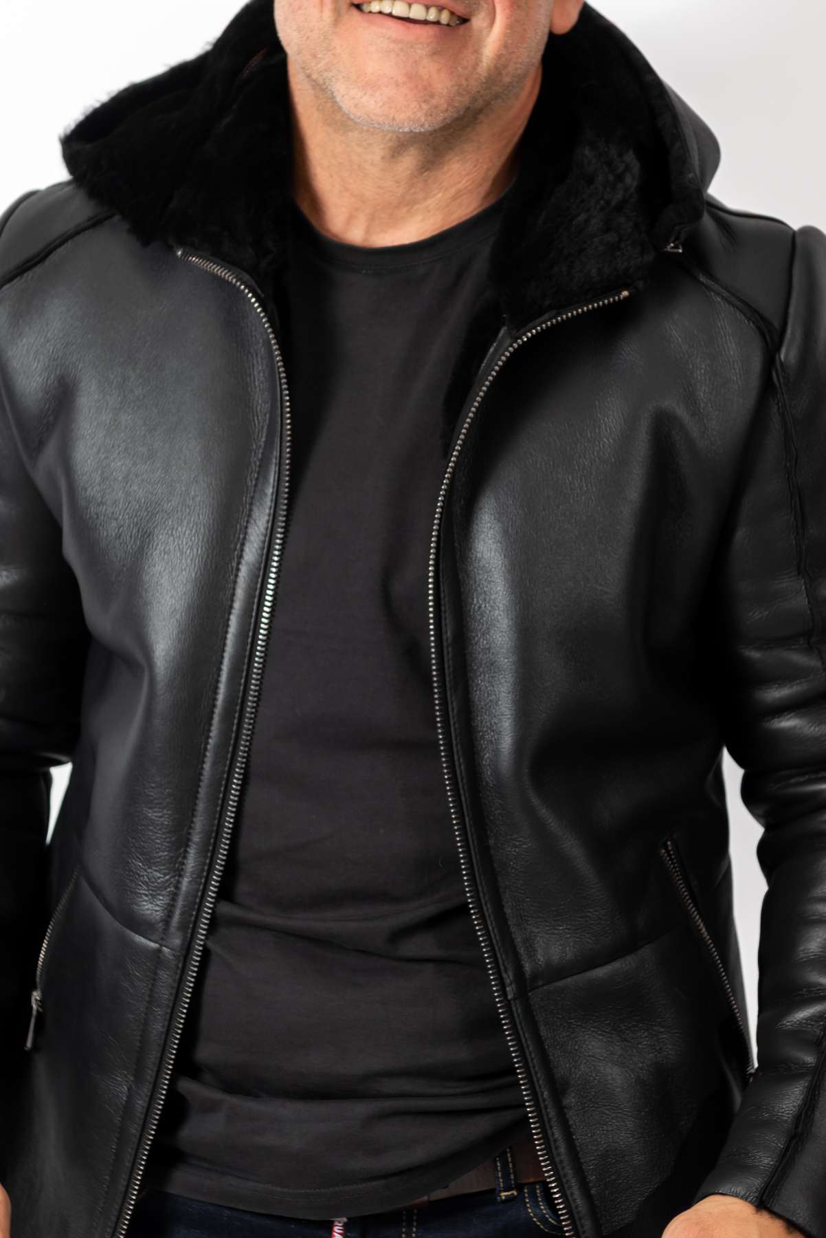 Men's leather coat Antoan with hood Black