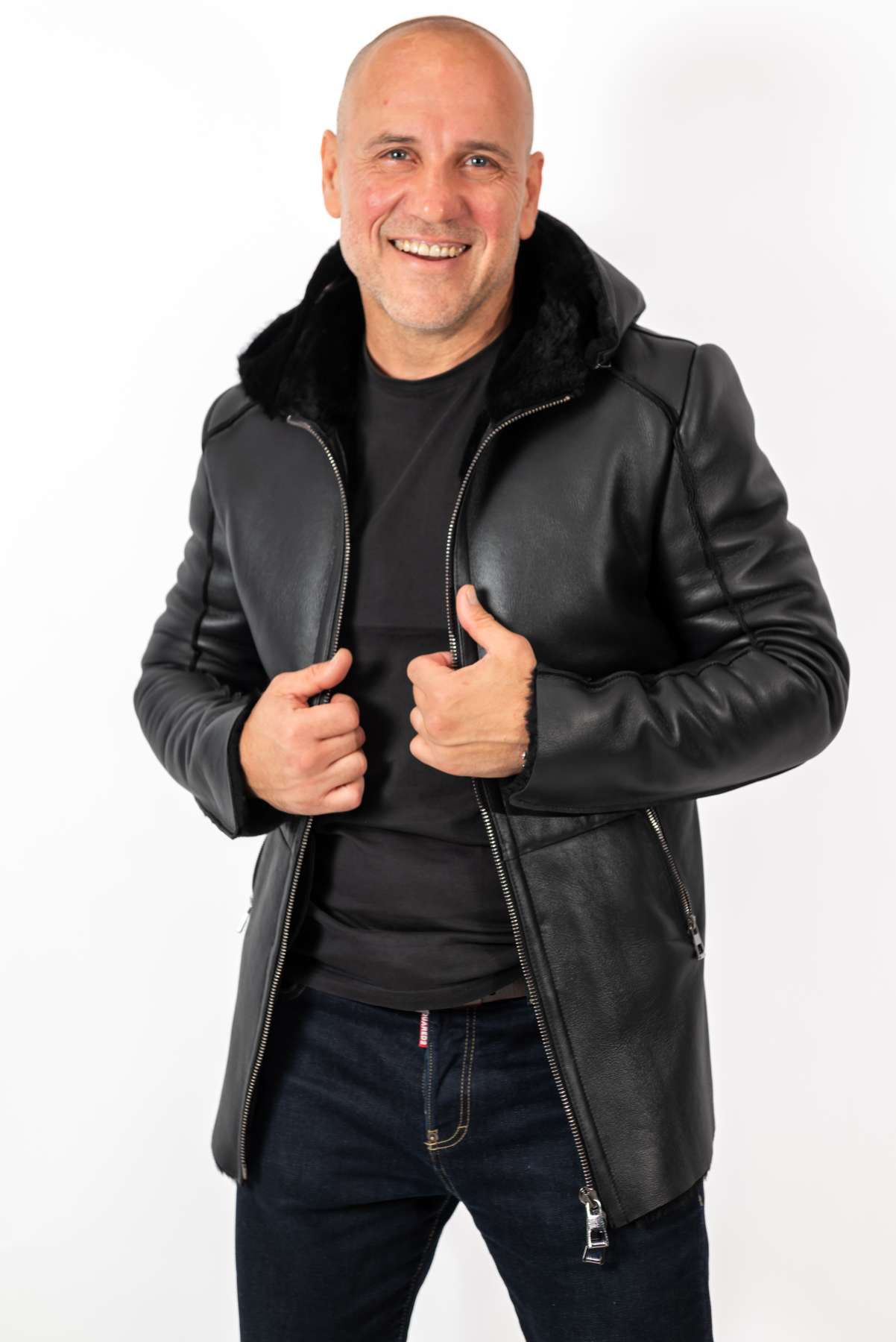 Men's leather coat Antoan with hood Black