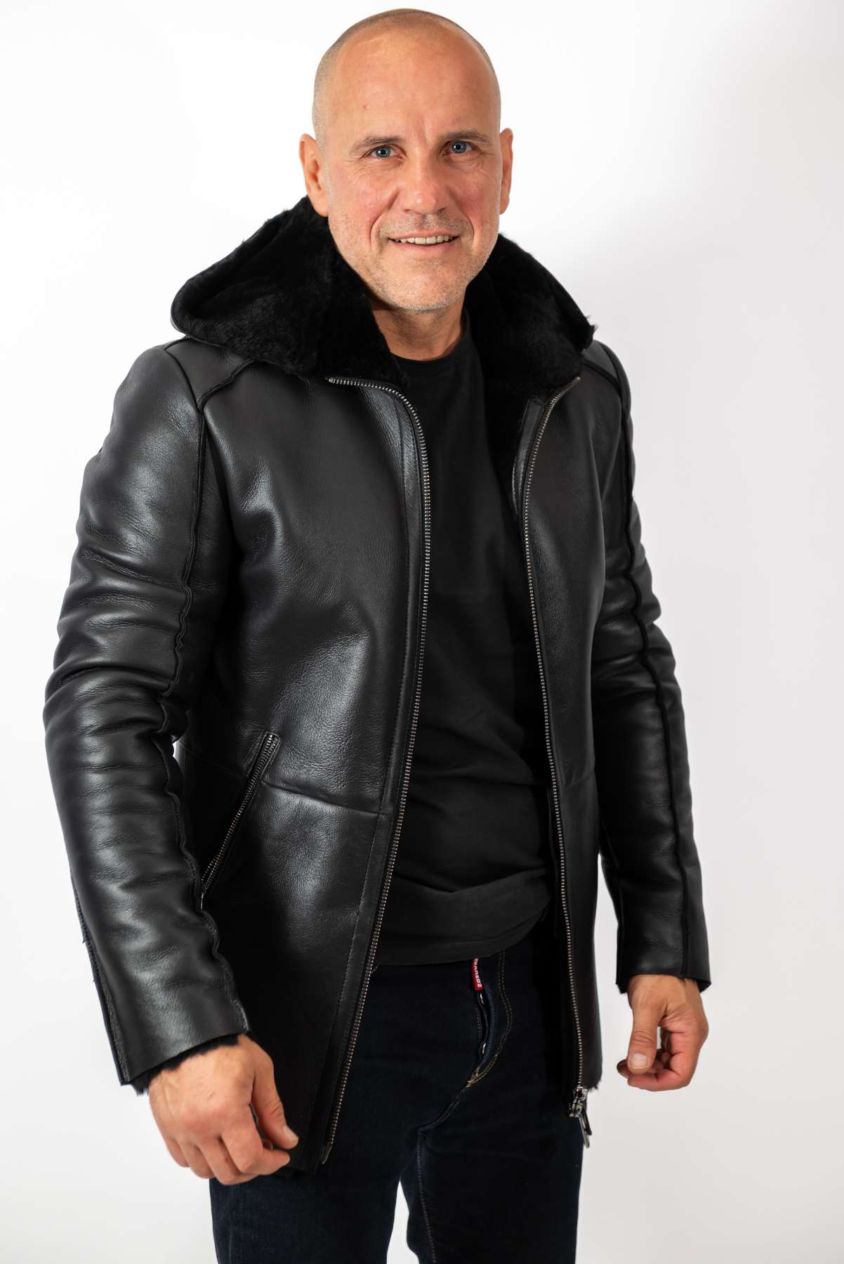 Men's leather coat Antoan with hood Black