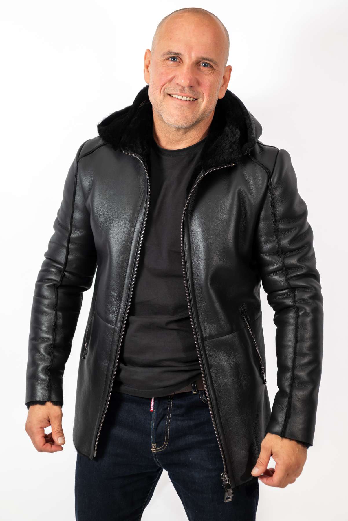 Men's leather coat Antoan with hood Black