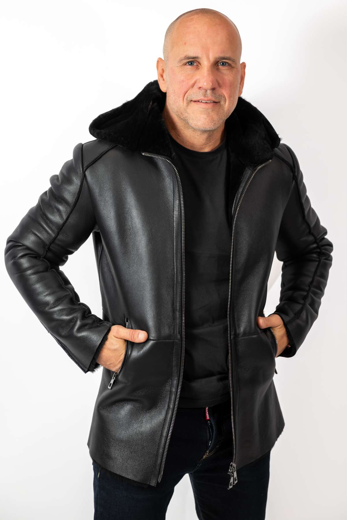 Men's leather coat Antoan with hood Black