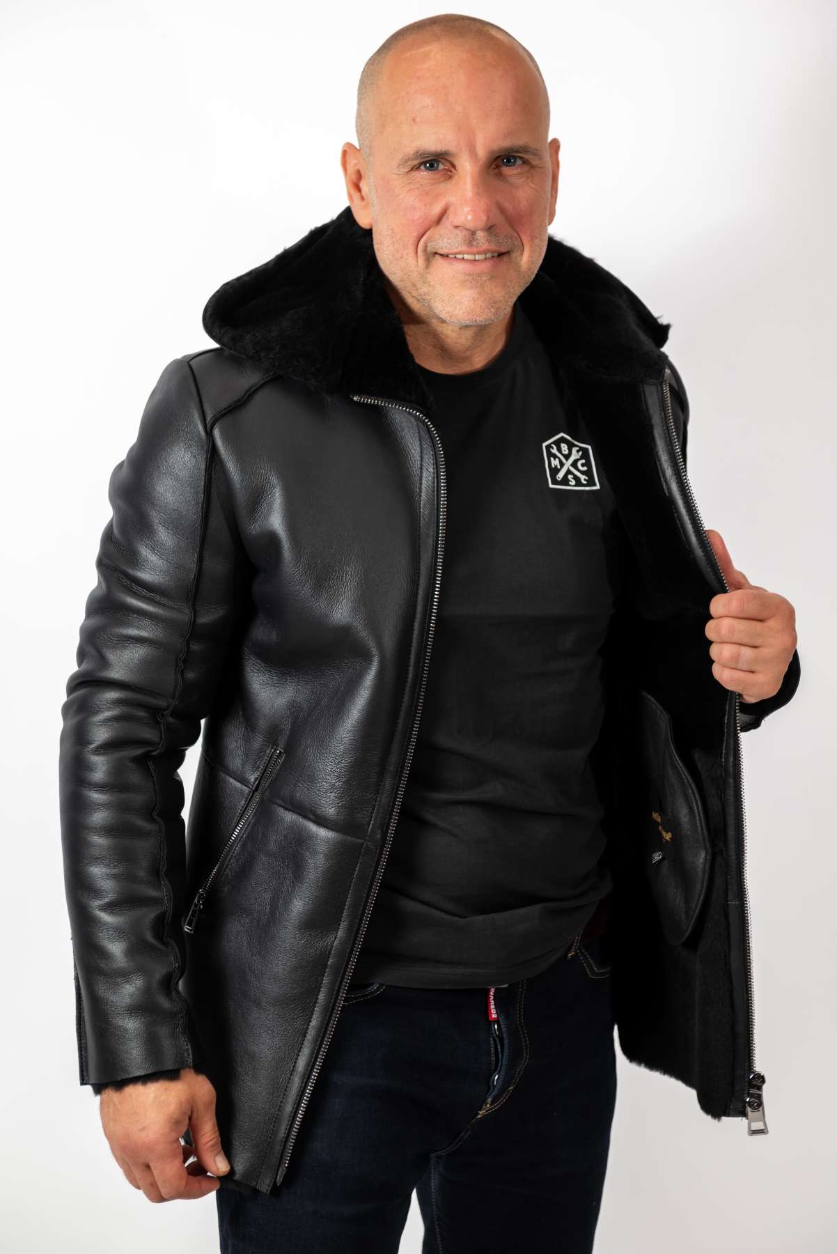 Men's leather coat Antoan with hood Black