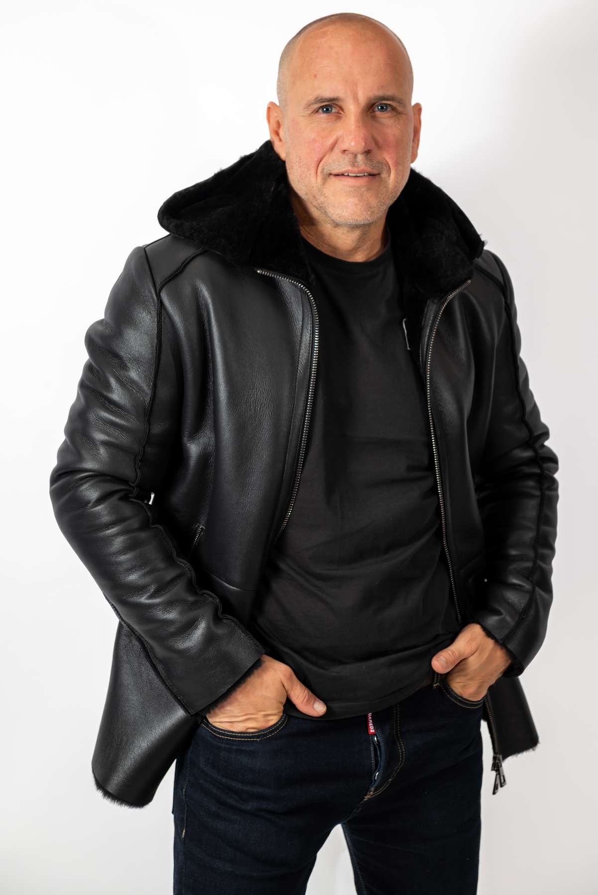 Men's leather coat Antoan with hood Black