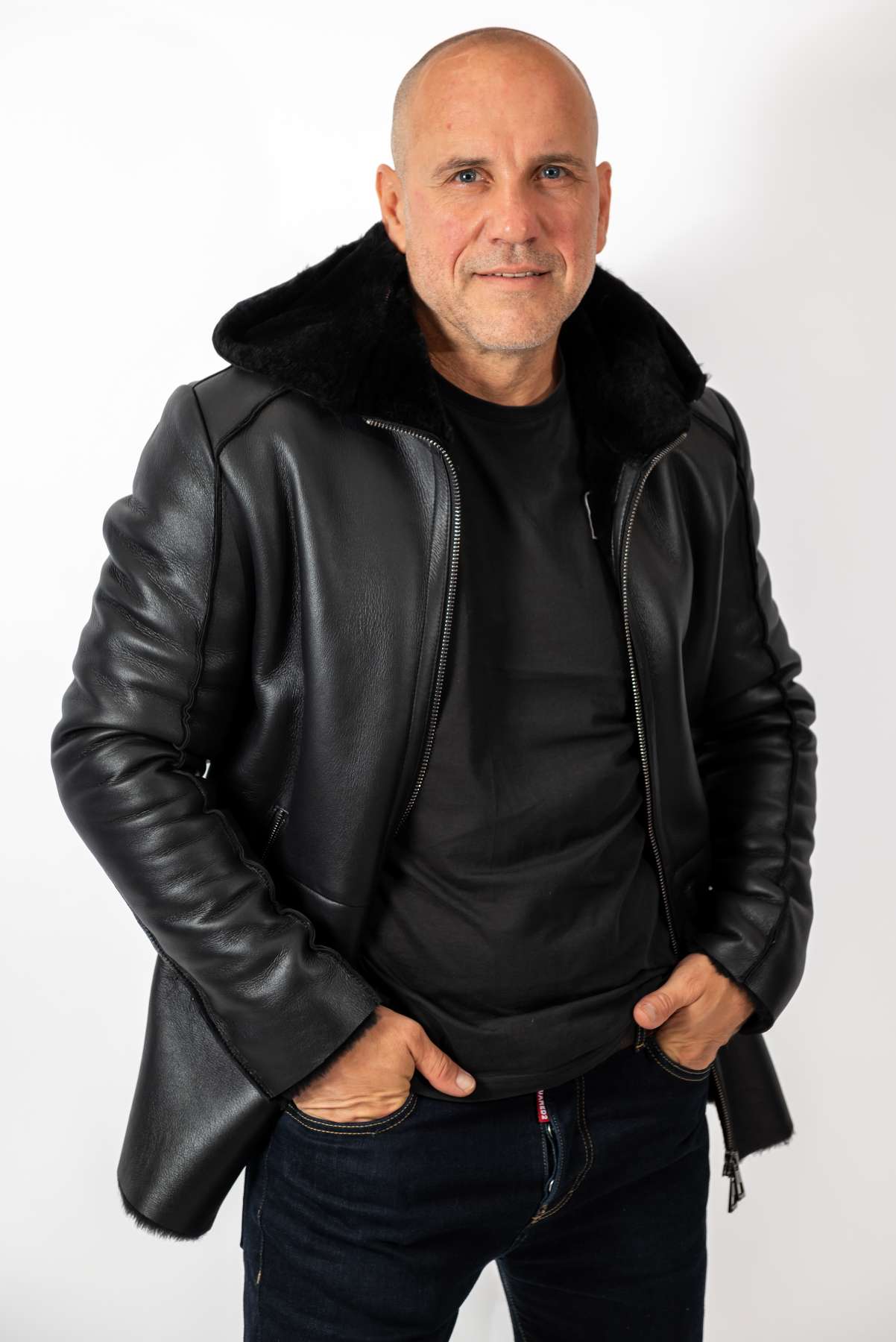 Men's leather coat Antoan with hood Black
