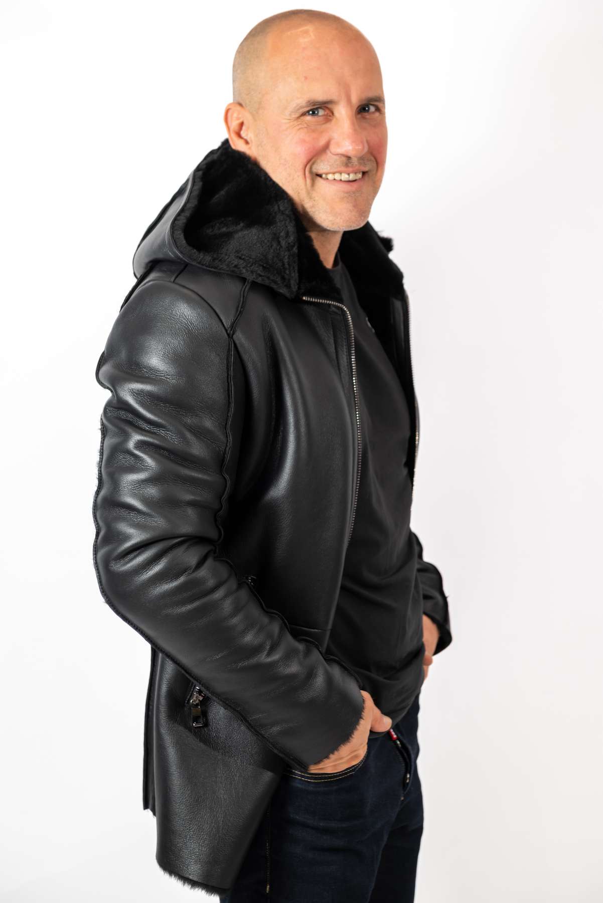 Men's leather coat Antoan with hood Black