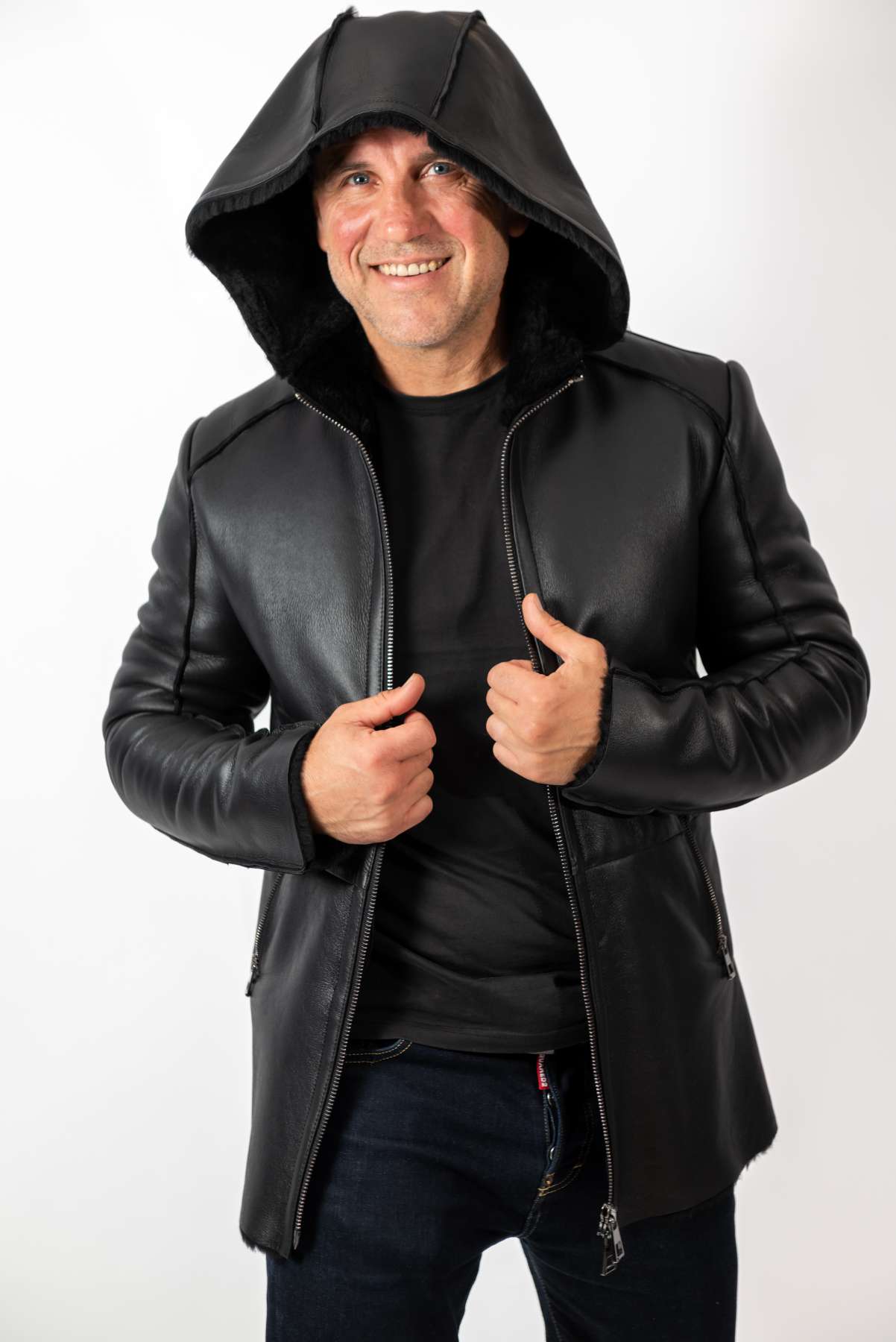 Men's leather coat Antoan with hood Black