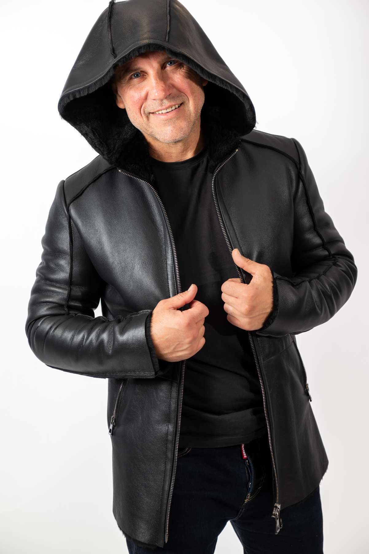 Men's leather coat Antoan with hood Black
