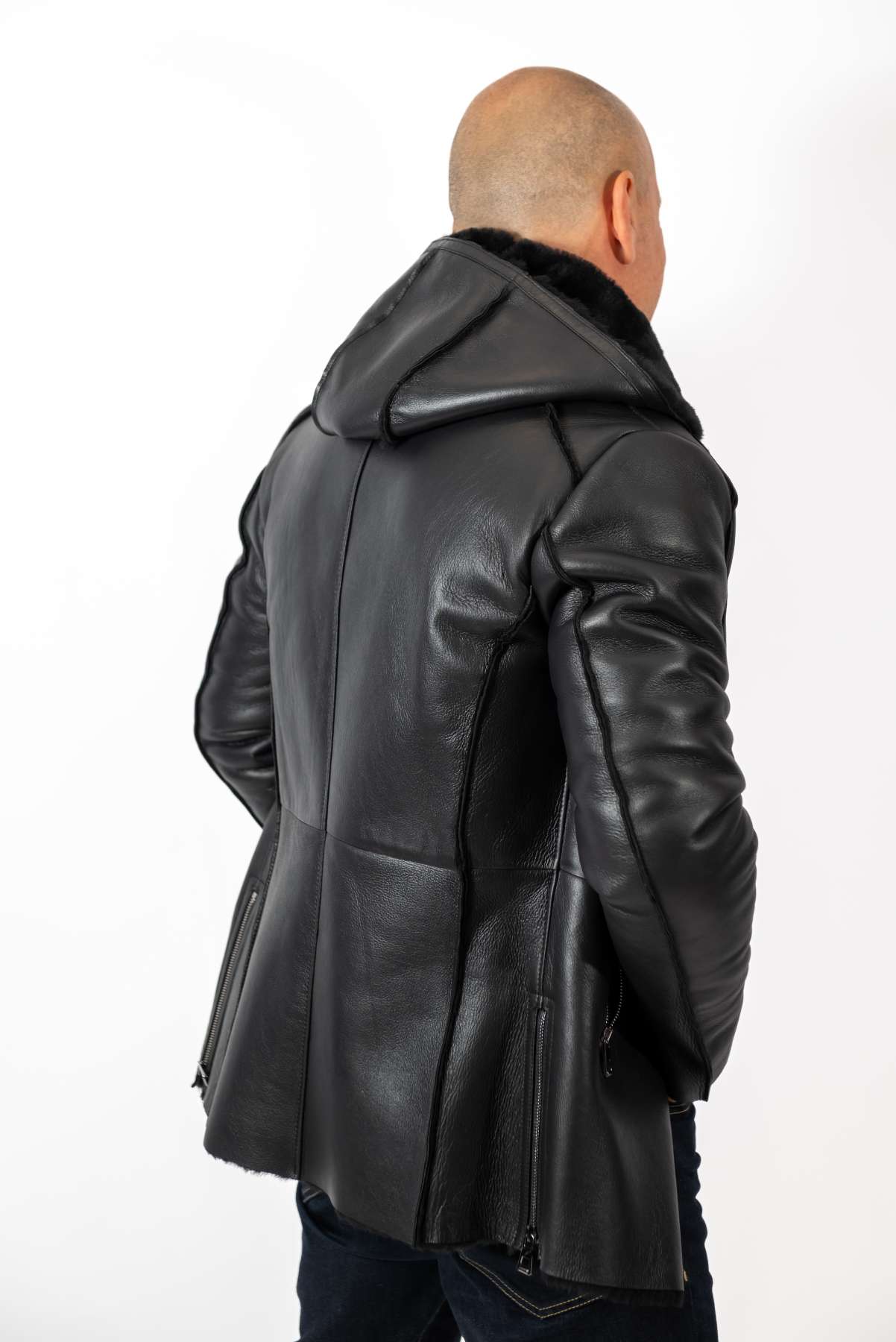 Men's leather coat Antoan with hood Black