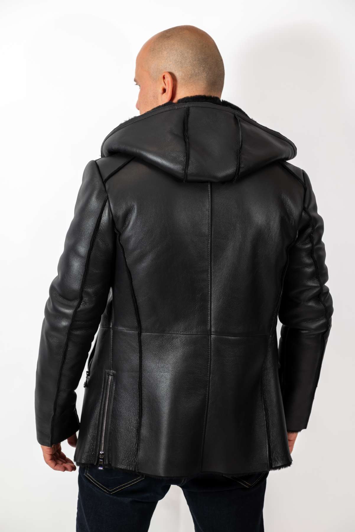 Men's leather coat Antoan with hood Black