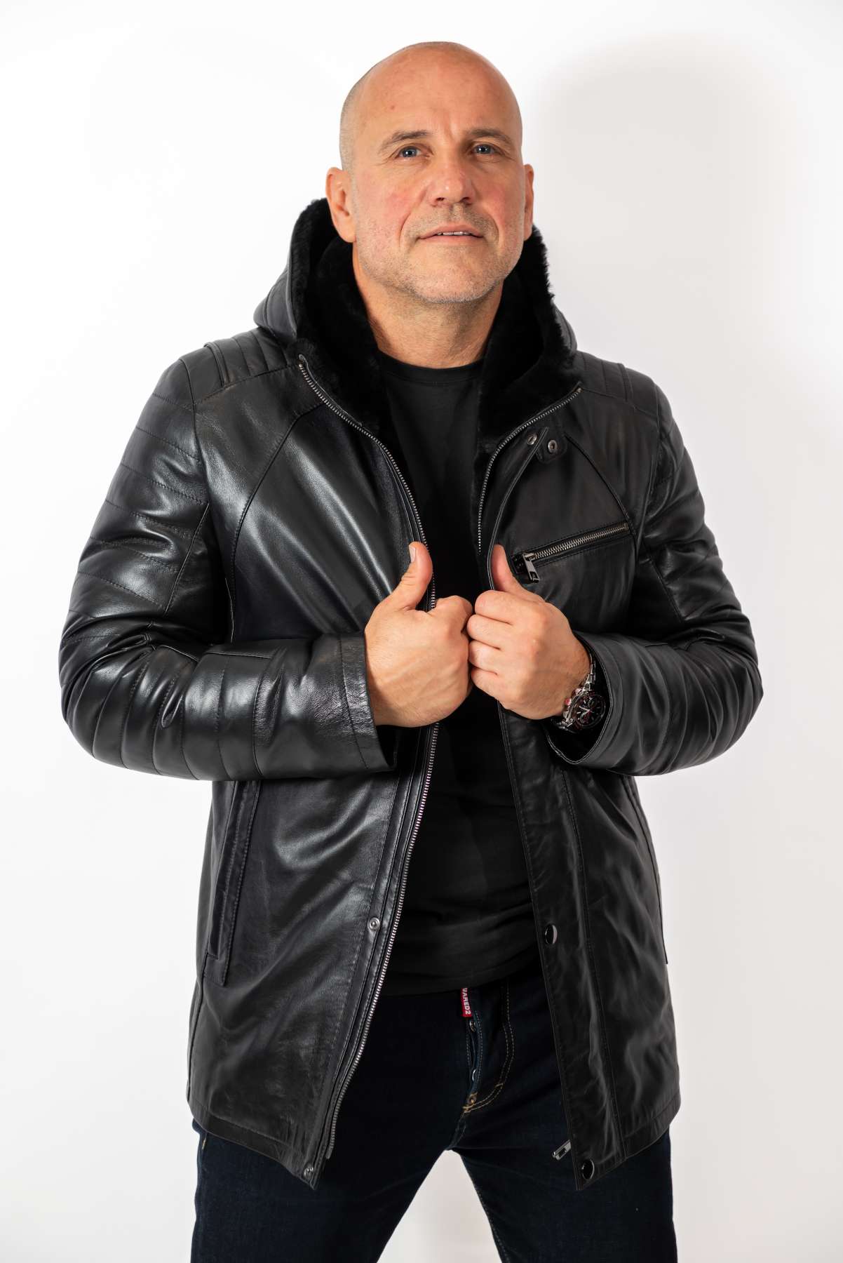 Men's leather coat Boris with hood Black